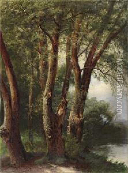 Waldstuck Am See Miteinem Angler Oil Painting - Johann Wilhelm Schirmer