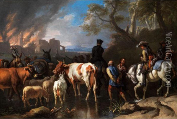 Flucht Mit Vieh Und Pferden Aus Derbrennenden Stadt Oil Painting - Pieter van Bloemen