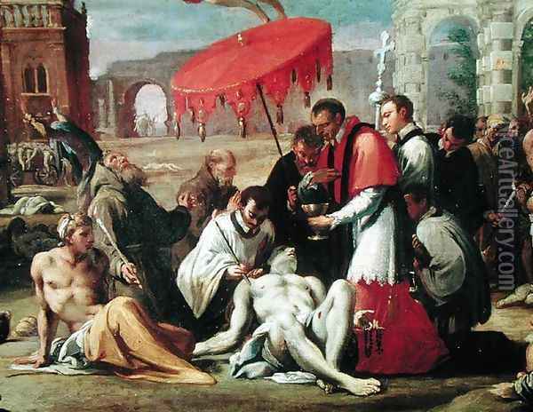 St. Charles Borromeo (1538-84) Administering the Sacrament to Plague Victims in 1576 (detail) Oil Painting - Sigismondo Caula