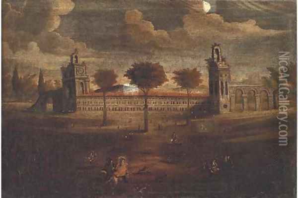 A capriccio of a palace, possibly intended to represent the Escorial, near Madrid Oil Painting - Spanish School