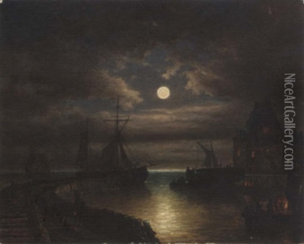 View Of A Harbour At Night Oil Painting - Elias Pieter van Bommel