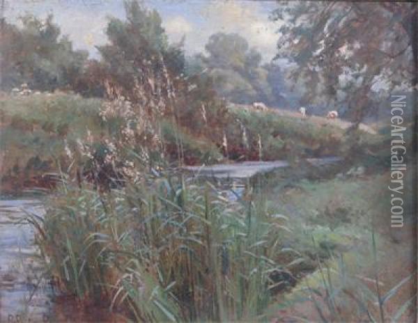 River Landscape With Cattle Oil Painting - Robert Payton Reid