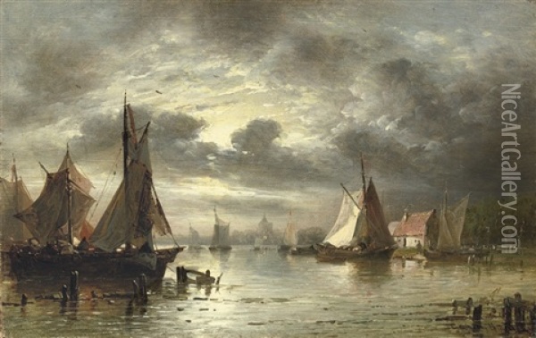 Shipping At Nightfall Oil Painting - George Gillis van Haanen