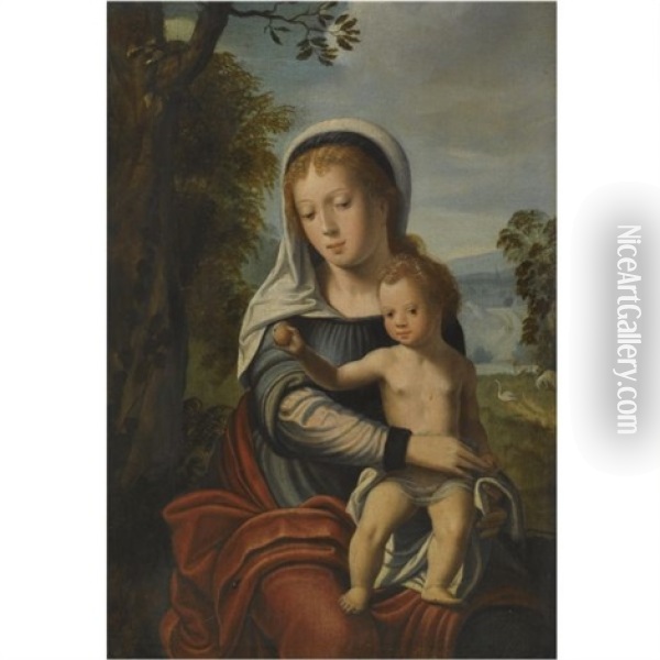 The Virgin And Child In A Landscape Oil Painting -  Master of the Parrot