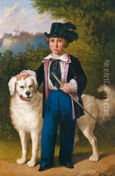 Knabe Mit Seinem Weisen Hund Oil Painting - Andreas Ziegler