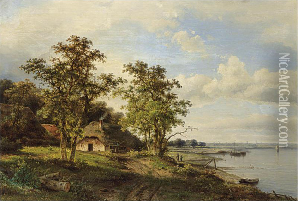 A Summer Landscape With Travellers Along A River Oil Painting - Claas Hendrik Meiners