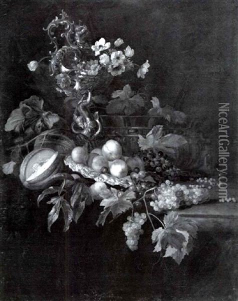 Elaborate Still Life With A Standing Cup Filled With        Flowers, A Silver Platter Withpeaches Oil Painting - Jakob Bogdani