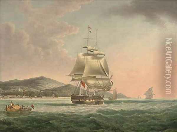 A frigate setting sail off Penang Oil Painting - William Huggins