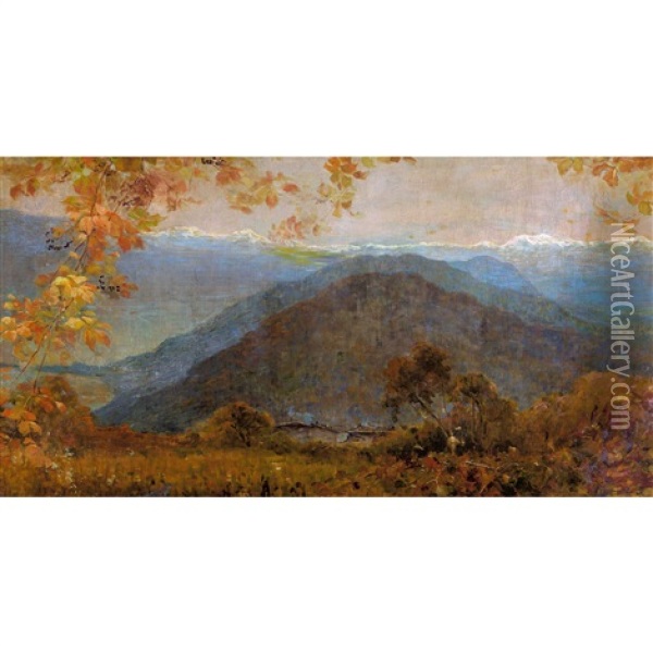 Tessiner Herbstlandschaft Mit Bergpanorama Und Hausern Oil Painting - Gioachimo Galbusera