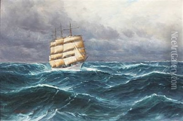 Seascape With A Saling Ship In High Waves Oil Painting - Alfred Serenius Jensen