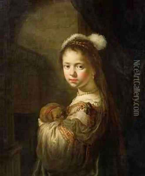 A Little Girl with a Puppy in her Arms Oil Painting - Govert Teunisz. Flinck