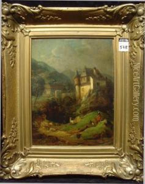 :'berglandschaft Mit Burg' Oil Painting - P. Joseph Minjon