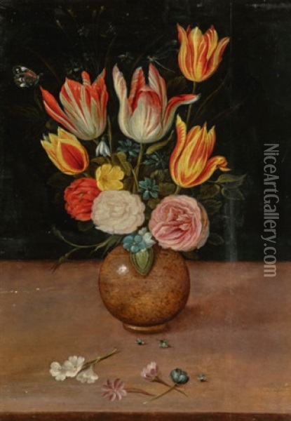 Still Life Of Flowers, Including Tulips And Roses, In A Stone Urn On A Ledge Oil Painting - Pieter Binoit