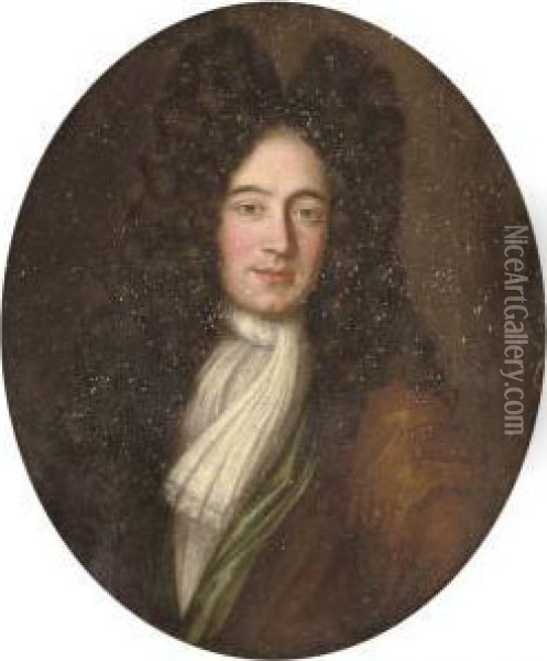 Portrait Of A Gentleman, Half-length, In A Brown And Green Robe, With A White Cravat Oil Painting - Johannes or Jan Verelst