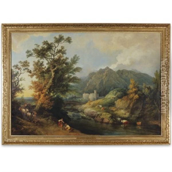 Landscape With Peasants By A River, A Castle Beyond Oil Painting - Philip James de Loutherbourg