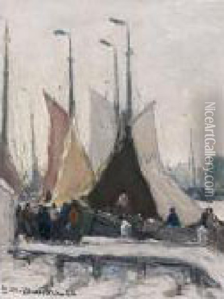 Volendam Harbour In The Snow Oil Painting - Gerhard Arij Ludwig Morgenstje Munthe