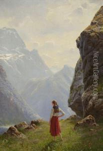 Bauernmadchen Am Fjord Oil Painting - Hans Dahl