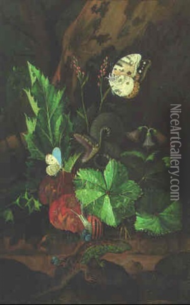Forest Floor Still Life: A Snake Attacking A Chalk Hill Blue Oil Painting - Johann Falch
