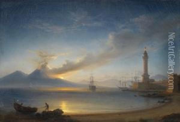 Der Vesuv Bei Mondschein Oil Painting - Eduard Agricola