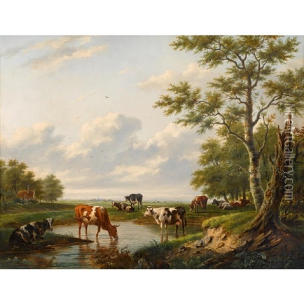 Cows In Landscape Oil Painting - Gerardus Hendriks