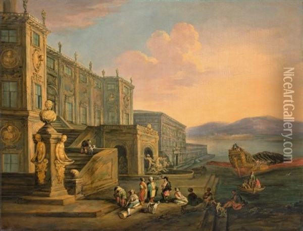 Harbour Fantasy With Papal Palace And The Bucintoro Oil Painting - Johann Wilhelm Baur