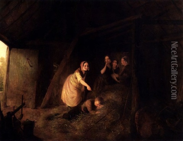 Im Stall - Im Heu Schlafender Knabe Wird Von Vier Madchen Geneckt Oil Painting - Ferdinand de Braekeleer the Elder