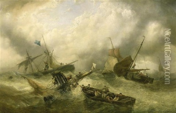 Marine Par Gros Temps Avec Scene De Naufrage Oil Painting - Francois-Etienne Musin