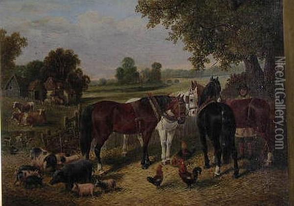 A Farmyard Scene With Horses, Pigs And Chickens, An Extensive Landscape Beyond Oil Painting - John Frederick Herring Snr