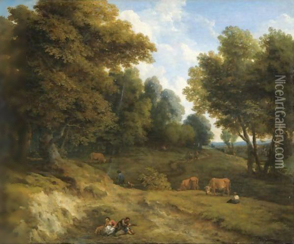 A Wooded Landscape With Cows, And Figures In The Foreground Oil Painting - Cornelis Huysmans