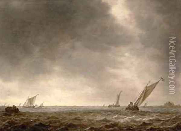 Fishing Smacks in a Squall at the Mouth of a River Oil Painting - Jan van Goyen
