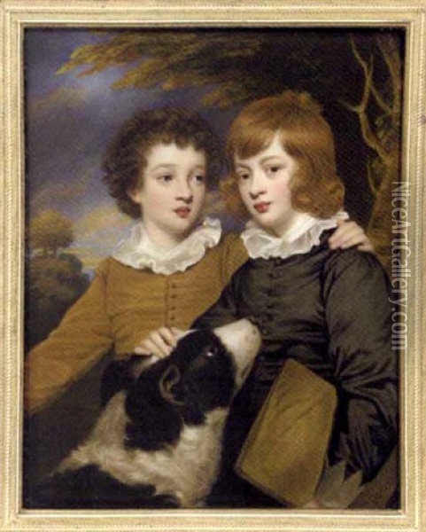 Henry Gawler And His Brother John Bellenden Ker Holding A Portfolio, As Children With Their Dog Oil Painting - Henry Bone