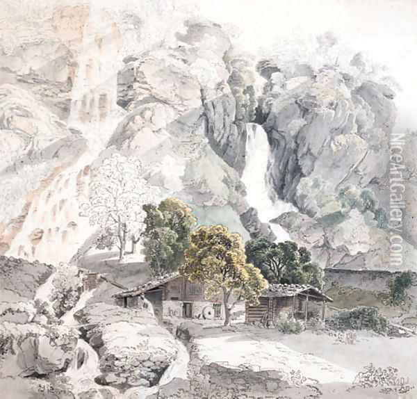A Swiss farm at the foot of two waterfalls Oil Painting - Friedrich Salathe