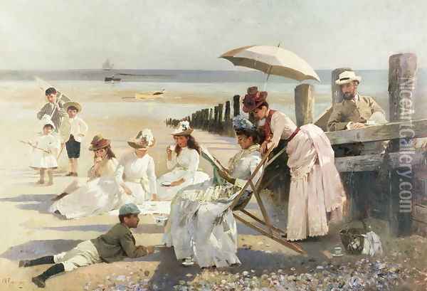 On the Shores of Bognor Regis - Portrait Group of the Harford Couple and their Children, 1887 Oil Painting - Alexander M. Rossi