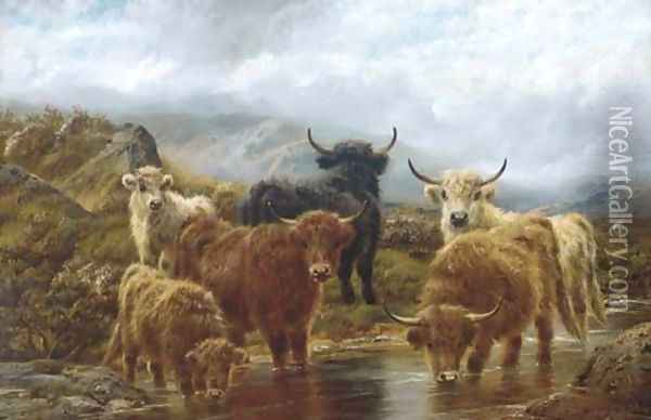 Highland cattle watering Oil Painting - Robert Watson