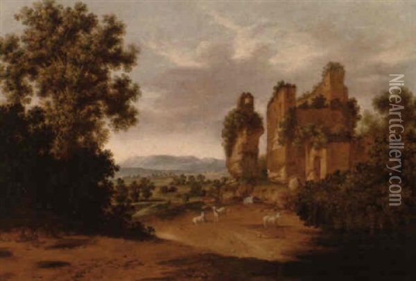 Goats By A Ruin In An Italianate Wooded Valley Oil Painting - Jacob Sibrandi Mancadan
