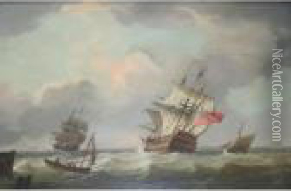 A Frigate Flying The Red Ensign, With Other Vessels Oil Painting - Thomas Buttersworth