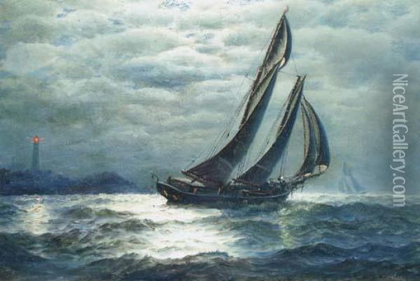 Fishing Vessels Off A Lighthouse By Moonlight Oil Painting - James Gale Tyler
