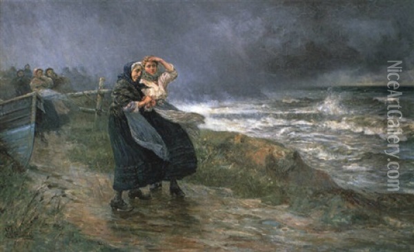 Cullercoats Fishwives Awaiting The Return Of The Fleet Oil Painting - Robert Jobling