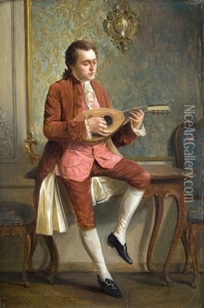 2 Portraits: Cellospieler Im Rokokokostum/lautenspieler Im Rokokokostum (2 Works) Oil Painting - August Hermann Knoop