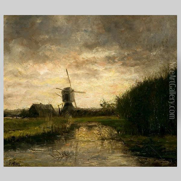 Landscape With Windmill. Oil Painting - Jacob Henricus Maris