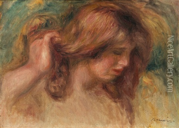 Blumenstrauss In Einer Metallvase Mit Blattdekor Oil Painting - Pierre-Auguste Renoir