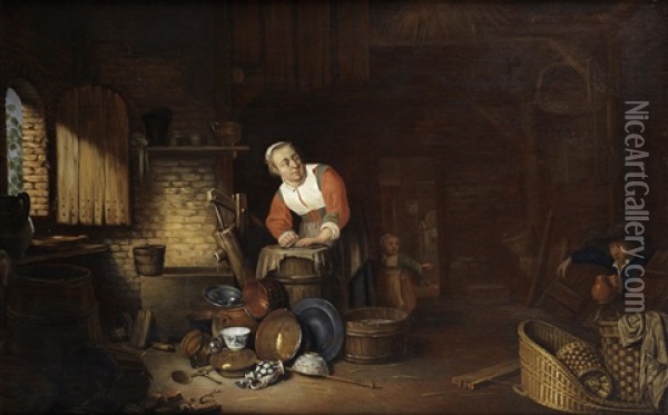 The Interior Of A Cottage, With A Peasant Woman Cleaning Kitchen Utensils, A Peasant Coming Up From The Cellar On Her Left Oil Painting - Philips Angel