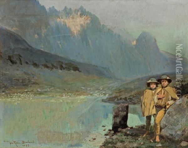 Highlanders At Tatra's Pond Oil Painting - Kazimierz Bienkowski