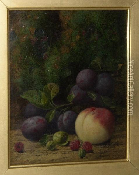 Plums, Gooseberries, Raspberries And A Peach Against A Mossy Bank Oil Painting - Oliver Clare