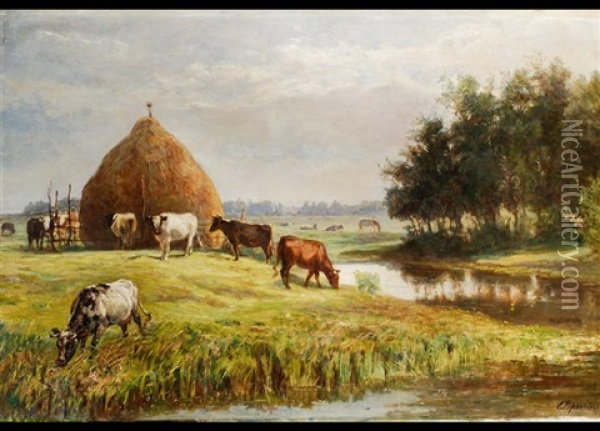 Flusslandschaft Mit Kuhen Oil Painting - Elena Karlovna Vrangel