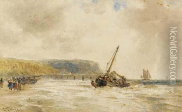 Fishing Vessels Landing On A Beach In France Oil Painting - Thomas Bush Hardy
