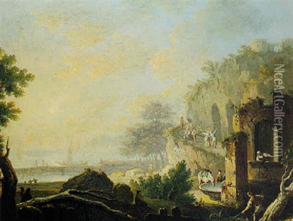 Southern Landscape With Peasants Along A Rocky Shore Oil Painting - Pietro Fabris