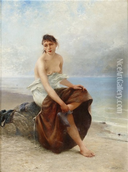 Kvinna Vid Strandkanten Oil Painting - August Vilhelm Nikolaus Hagborg