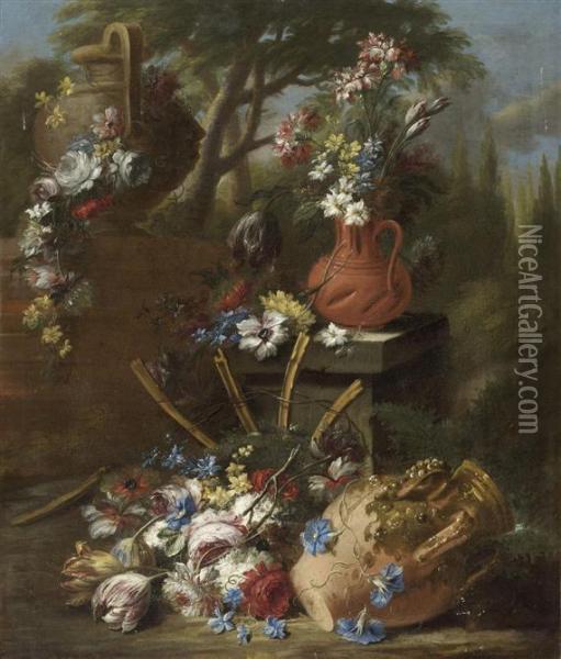 Arrangement Of Flowers With Terracotta Vase In A Mediterranean Landscape Oil Painting - Gasparo Lopez