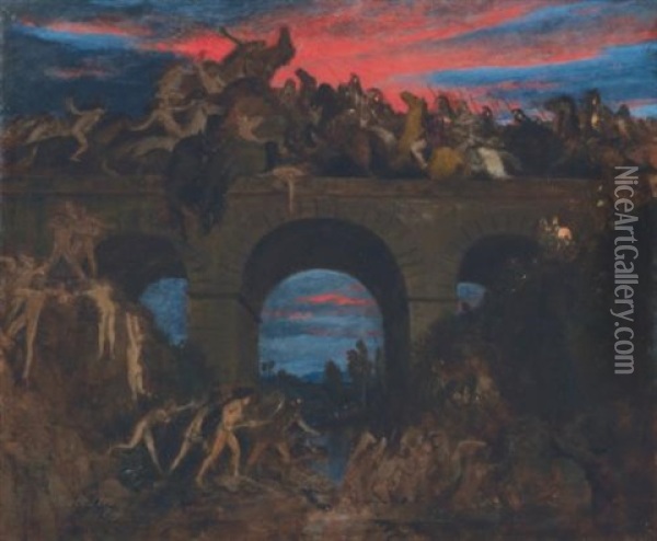 Der Kampf Auf Der Brucke (romerschlacht) (battle On The Bridge) Oil Painting - Arnold Boecklin